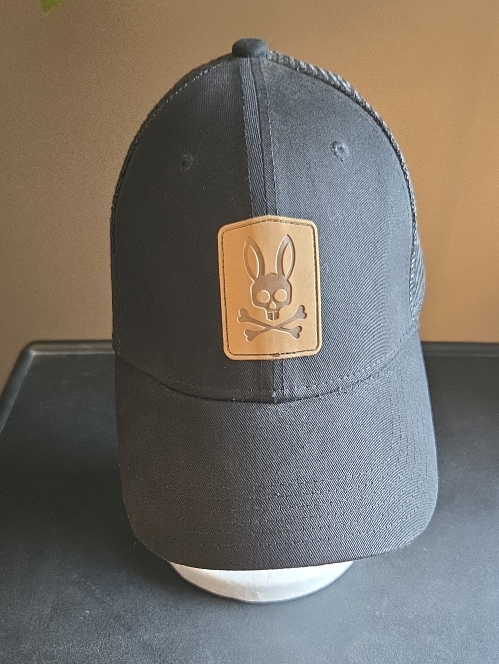PSYCHO BUNNY Black Mesh Trucker Hat with Leather Logo Patch